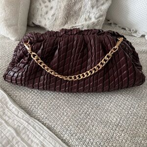 Anthropologie Woven Leather Shoulder Clutch in Deep Burgundy with Gold Chain